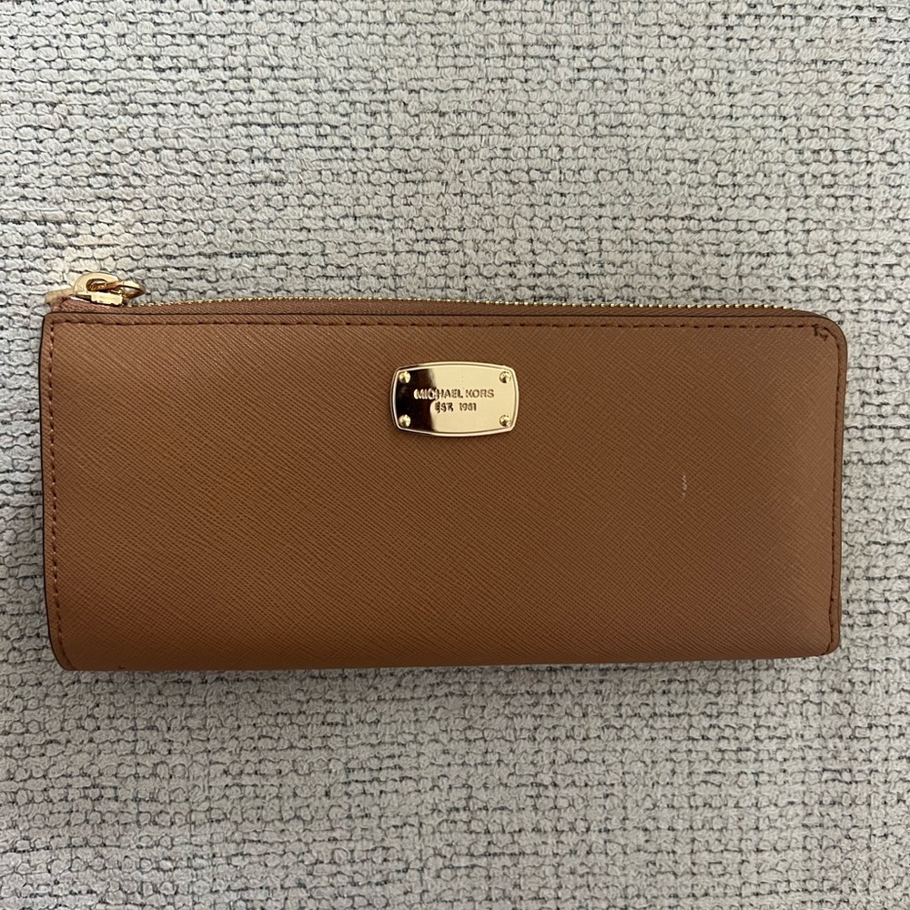 Michael Kors Tan Saffiano Leather Quarter-Zip Wallet